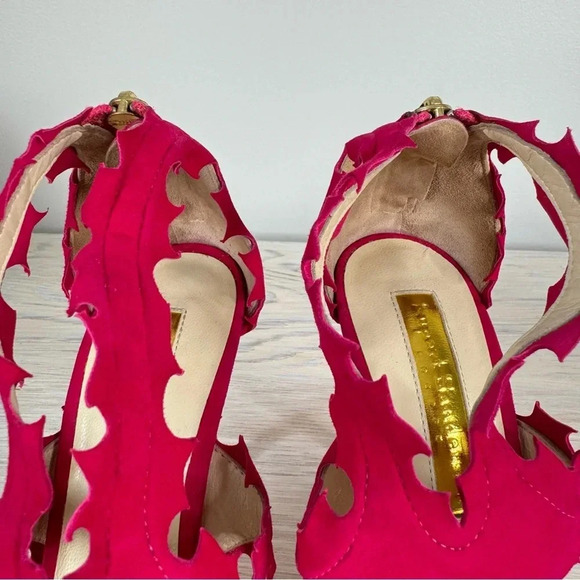 Rupert Sanderson Floria Pink Fuchsia Suede Cutout Peep Toe Heeled Sandals - Picture 10 of 16